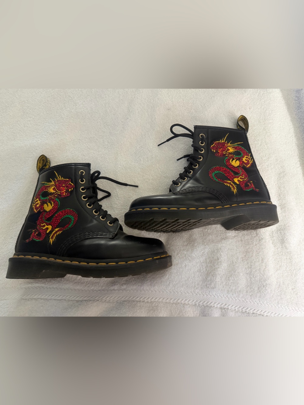 Dr. Martens Black Lace-Up Boots with Red & Green Dragon Embroidery